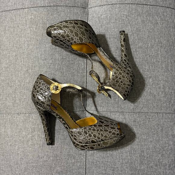 Hale Bob High Heel Shoe Women 7 Black Gray Alligator Leather Pump Peep Toe - Picture 6 of 9